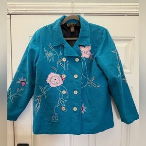 Vintage Alex Kim Embroidered Blazer Jacket – Teal Floral Artwear – Size M